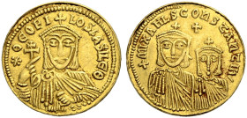 Theophilos, 829-842. 
Mit Constantin und Michael III. Solidus, 830-840. *ΘeΟΦΙ - ΛΟΣ bΑΣΙΛeΘ Büste von vorne mit Chlamys, Doppelkreuz und akakia. Rv....