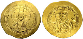 Konstantinos IX., 1042-1055. 
Histamenon. Christusbüste von vorne mit Nimbus und Evangelienbuch. Rv. Kaiserbüste von vorne in Loros, mit Kreuzglobus ...
