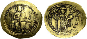 Konstantinos X. Dukas, 1059-1067.
Histamenon. Christus mit Nimbus und Evangelienbuch frontal thronend. Rv. Der Kaiser mit Labarum und Kreuzglobus fro...