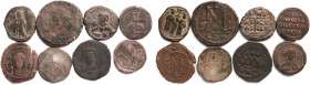 Lots. 
LOT von 8 Bronzemünzen. Justinianus I., Mauricius Tiberius bis Constaninus X. (8) Gesamtgewicht ca. 86 g.
Schön oder besser