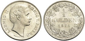 BAYERN, KÖNIGREICH. LUDWIG II., 1864-1886. 
1/2 Gulden 1871. Kopf r. Rv. Wert und Jahr im Eichenkranz. J. 102, AKS 180.
Fast Stempelglanz