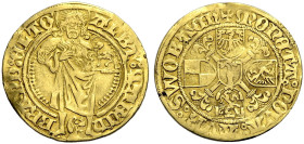 BRANDENBURG-FRANKEN, MARKGRAFSCHAFT. ALBRECHT ACHILLES, allein, 1464-1486. 
Goldgulden o.J., Schwabach. Johannes der Täufer steht von vorn. Rv. Blume...