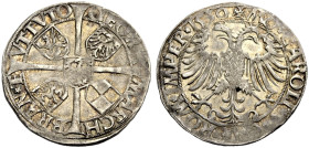 BRANDENBURG-FRANKEN, MARKGRAFSCHAFT. GEORG, 1515-1543. 
6 Kreuzer 1530, Schwabach. Langes Kreuz mit 5 Wappenschilden. Rv. Doppeladler. Schr. 587, Slg...