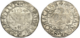 BRANDENBURG-FRANKEN, MARKGRAFSCHAFT. GEORG, 1515-1543. 
Batzen 1534, Schwabach. Burggrafen- und Zollernwappen nebeneinander. Rv. Adler. Schr. 617, Sl...