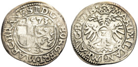 BRANDENBURG-FRANKEN, MARKGRAFSCHAFT. GEORG FRIEDRICH, 1543-1603. 
2 Kreuzer 1573, Schwabach. Doppelwappen. Rv. Gekrönter Doppeladler, auf der Brust R...