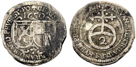BRANDENBURG-BAYREUTH, MARKGRAFSCHAFT. CHRISTIAN, 1603-1655. 
2 Kreuzer 1650, Nürnberg, Mzz. Kreuz. Doppelwappen Burggrafschaft und Zollern, oben 1650...
