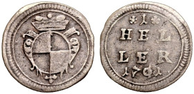 BRANDENBURG-BAYREUTH, MARKGRAFSCHAFT. CHRISTIAN ERNST, 1655-1712. 
Cu-Heller 1701, Bayreuth. Gekrönter Zollernschild in Kartusche. Rv. Wert und Jahr ...