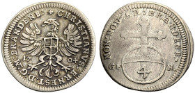 BRANDENBURG-BAYREUTH, MARKGRAFSCHAFT. CHRISTIAN ERNST, 1655-1712. 
4 Kreuzer 1704, Nürnberg. Adler. Rv. Reichsapfel mit Wertzahl 4 zwischen Mmz. GF-N...
