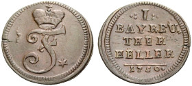 BRANDENBURG-BAYREUTH, MARKGRAFSCHAFT. FRIEDRICH, 1735-1763. 
Cu-Heller 1750. Gekröntes Monogramm F* Rv. Wert und Jahr. Schön 74, Slg. Wilm. 784.
Gut...
