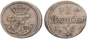 BRANDENBURG-BAYREUTH, MARKGRAFSCHAFT. FRIEDRICH CHRISTIAN, 1763-1769. 
Cu-Heller 1767. Gekröntes Monogramm. Rv. Wert und Jahr ohne BAYR. Slg. Wilm. 8...