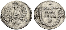 BRANDENBURG-BAYREUTH, MARKGRAFSCHAFT. FRIEDRICH WILHELM III., 1797-1807. 
Kreuzer 1802, Bayreuth. Gekrönter Adler. Rv. Wert, Jahr und Mzz. in Girland...
