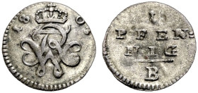 BRANDENBURG-BAYREUTH, MARKGRAFSCHAFT. FRIEDRICH WILHELM III., 1797-1807. 
Pfennig 1803, Bayreuth. Gekröntes Monogramm. Rv. Wert. J. 202 e, Slg. Grübe...
