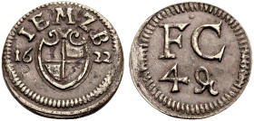 BRANDENBURG-ANSBACH, MARKGRAFSCHAFT. JOACHIM ERNST, 1603-1625. 
Cu 4 Pfennig 1622, Fürth. Zollernschild zwischen 16-22, darüber IEMZB Rv. FC / 4d. Sl...