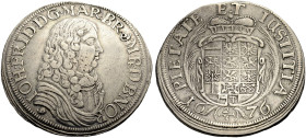 BRANDENBURG-ANSBACH, MARKGRAFSCHAFT. JOHANN FRIEDRICH, 1667-1686. 
2/3 Taler 1676, Schwabach. Geharnischtes Brustbild n. r. Rv. Gekröntes Wapppen zwi...