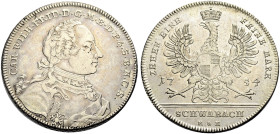 BRANDENBURG-ANSBACH, MARKGRAFSCHAFT. KARL WILHELM FRIEDRICH, "der Wilde Markgraf", 1729-1757. 
Konventionstaler 1754, Schwabach. Geharnischtes Brustb...