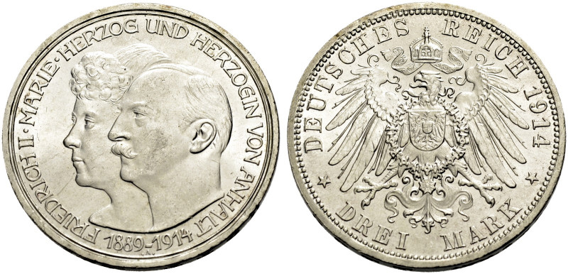 ANHALT, HERZOGTUM. FRIEDRICH II., 1904-1918. 
3 Mark 1914 A zur Silbernen Hochz...