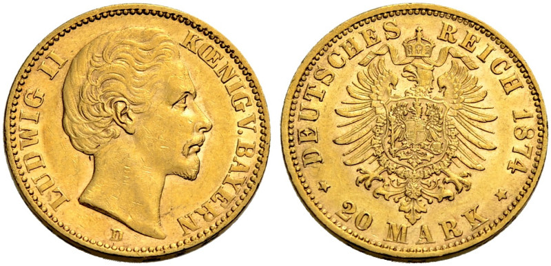 BAYERN, KÖNIGREICH. LUDWIG II., 1864-1886. 
20 Mark 1874 D. J. 197.
Sehr schön...