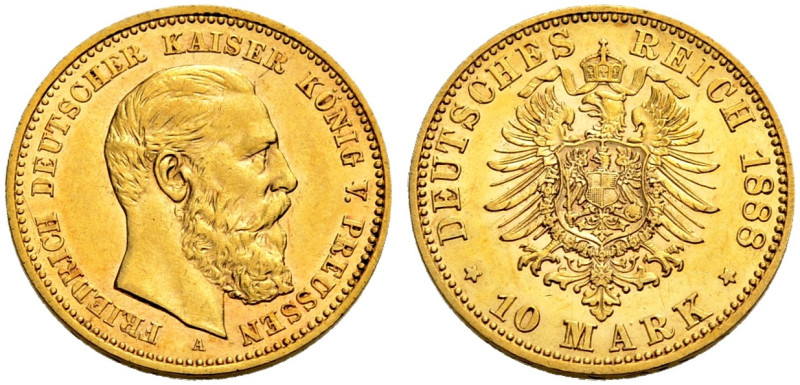 PREUSSEN, KÖNIGREICH. FRIEDRICH III., 1888. 
10 Mark 1888 A. J. 247.
Sehr schö...