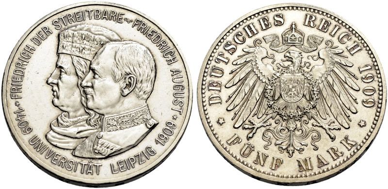 SACHSEN, KÖNIGREICH. FRIEDRICH AUGUST III., 1904-1918. 
5 Mark 1909 Universität...