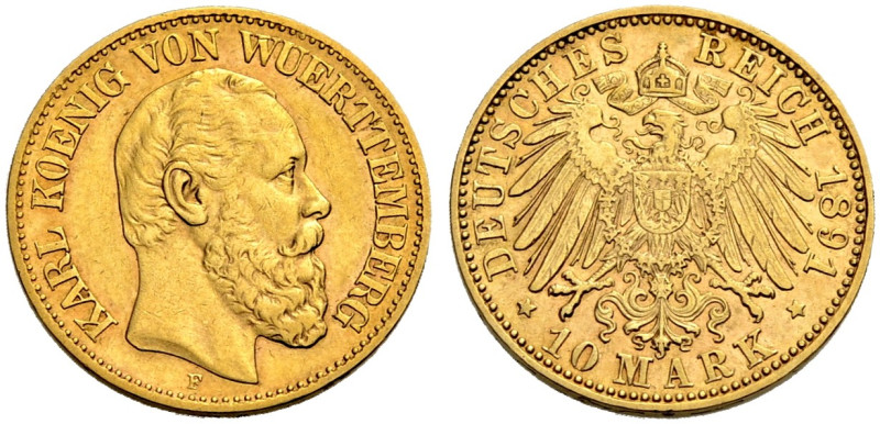 WÜRTTEMBERG, KÖNIGREICH. KARL, 1864-1891. 
10 Mark 1891 F. J. 294.
Sehr schön...