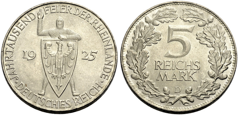 WEIMARER REPUBLIK. 
5 Reichsmark 1925 D, Jahrtausendfeier der Rheinlande. J. 32...