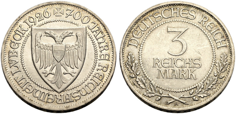 WEIMARER REPUBLIK. 
3 Reichsmark 1926 A, 700 Jahre Reichsfreiheit von Lübeck. J...