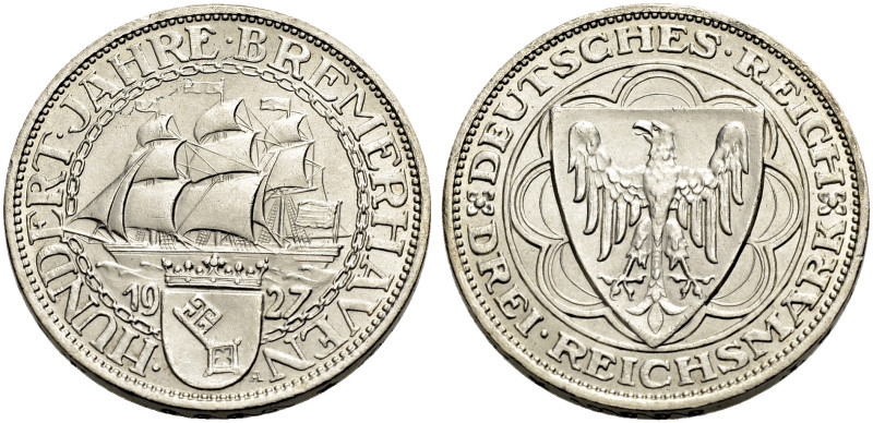 WEIMARER REPUBLIK. 
3 Reichsmark 1927 A, 100 Jahre Bremerhaven. J. 325.
Vorzüg...