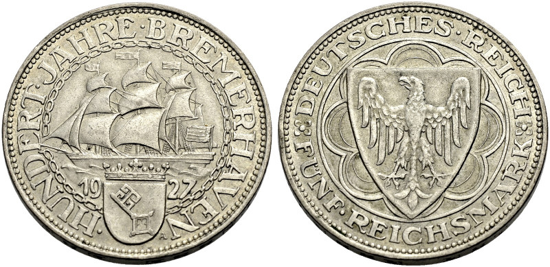 WEIMARER REPUBLIK. 
5 Reichsmark 1927 A auf 100 Jahre Bremerhaven. J. 326.
Vor...