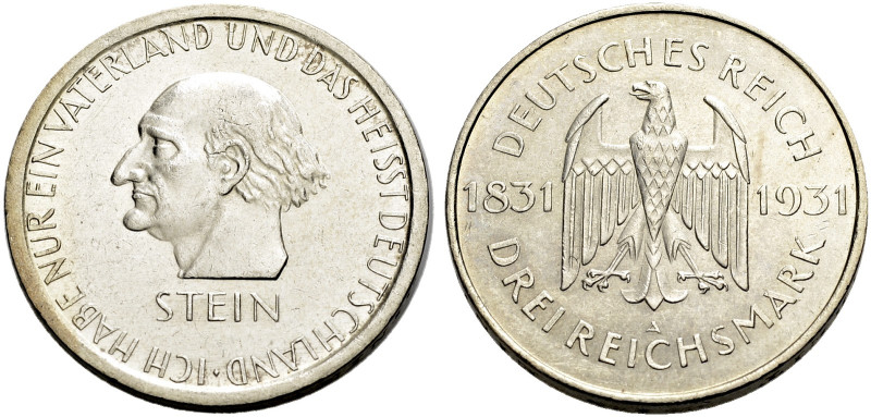 WEIMARER REPUBLIK. 
3 Reichsmark 1931 A zum 100. Todestag des Freiherrn vom Ste...