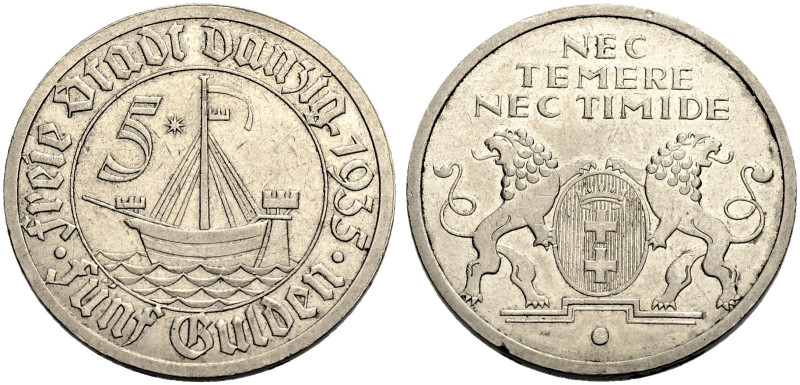 DANZIG. Freie Stadt, 1920-1939. 
5 Gulden 1935 Kogge. Nickel. J. D 19. Kleine R...