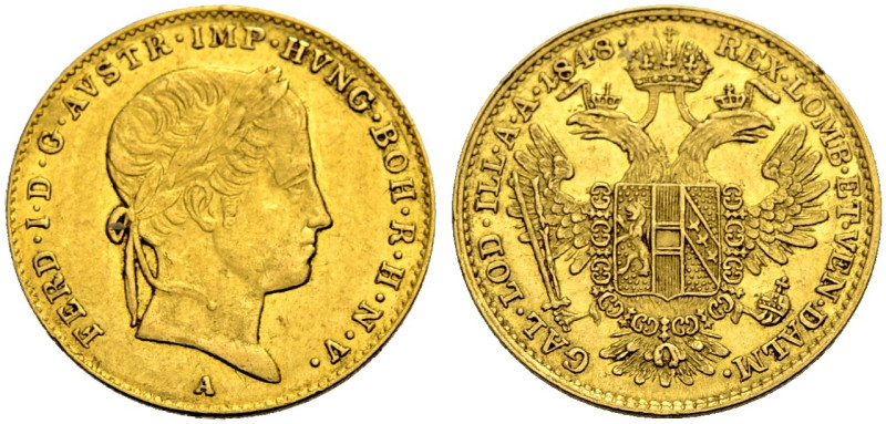 FERDINAND I., 1835-1848. 
Dukat 1848 A, Wien. Belorbeerter Kopf r. Rv. Gekrönte...