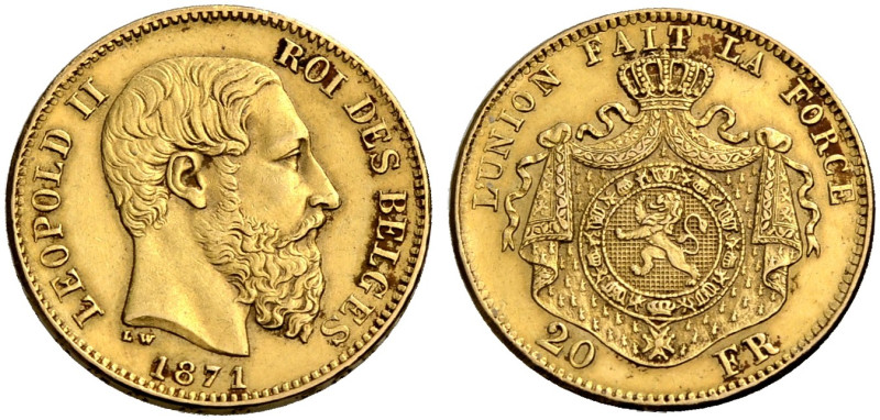 BELGIEN-KÖNIGREICH. LEOPOLD II., 1865-1909. 
20 Francs 1871. Kopf n. r. Rv. Wap...