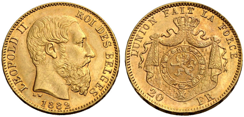 BELGIEN-KÖNIGREICH. LEOPOLD II., 1865-1909. 
20 Francs 1882 Kopf n. r. Rv. Wapp...