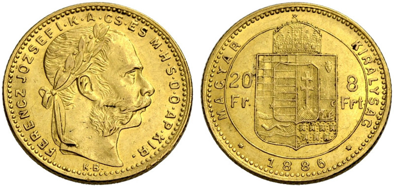 UNGARN, KÖNIGREICH. FRANZ JOSEPH, 1867-1916. 
8 Forint = 20 Franken 1886 KB. Be...