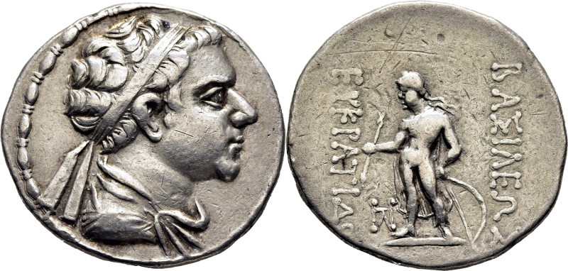 BACTRIA. Eukrátides I Megalos. Tetradracma. 171-135 a.C. Busto revestido y diade...