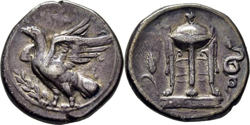 BRUTTIUM-KROTONA. Estátera italiota. 330-281 a.C. Águila a izquierda sobre rama ...