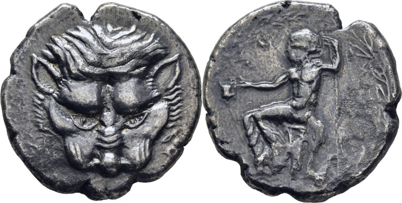 BRUTTIUM-RHEGION. Tetradracma. 466-415 a.C. Máscara de león de frente. Aristes b...