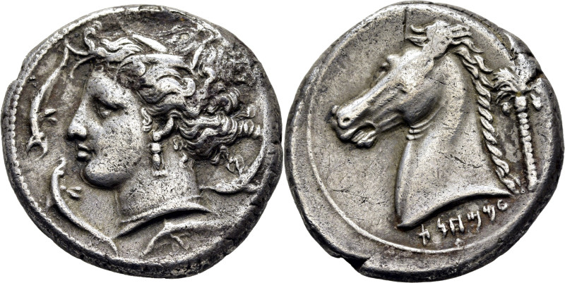 CARTAGO-ZEUGITANIA. Tetradracma. 410-360 a.C. Cabeza de Arethusa peinada con esp...