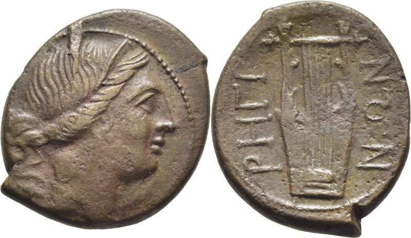 BRUTTIUM-RHEGINON. AE 21. 270-203 a.C. Cabeza de Artemisa a derecha. Lira y leye...