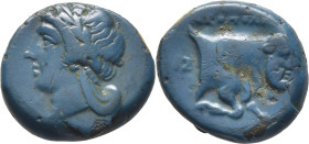 CAMPANIA-NEOPOLIS. AE 14. Hacia el 350 a.C. Muy bella pátina azul verdosa. Acuñación centrada