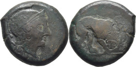 SICILIA-MORGANTINA. AE 25. 340-318 a.C. Pátina marrón verdosa. Curioso arte burdo