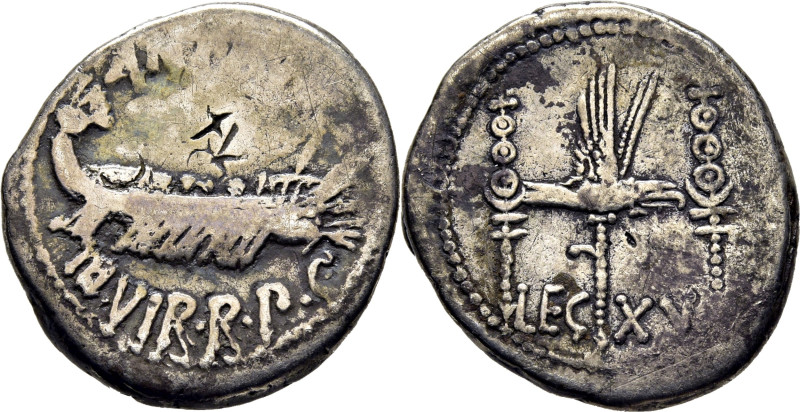 ROMA REPÚBLICA. Marco Antonio. Ceca volante. Denario. 32-31 a.C. Galera pretoria...