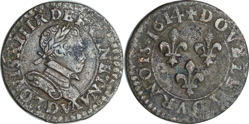 France - Louis XIII (1610-1643) - Double tournois au buste enfantin et col plat ...