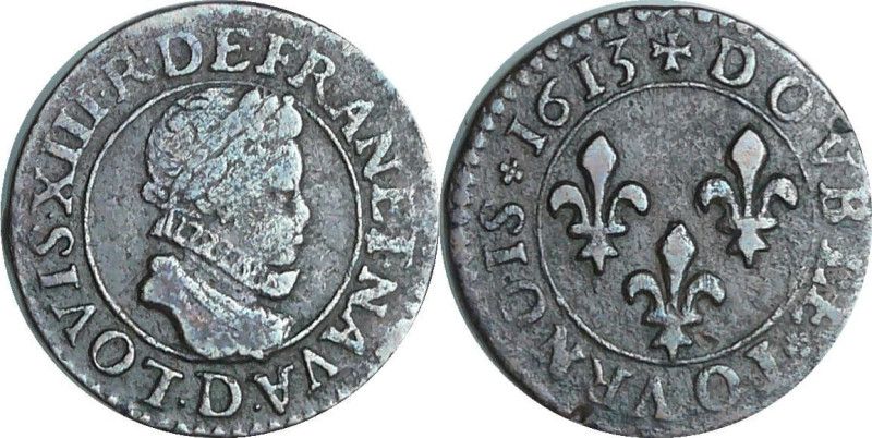 France - Louis XIII (1610-1643) - Double tournois au buste enfantin et col frais...