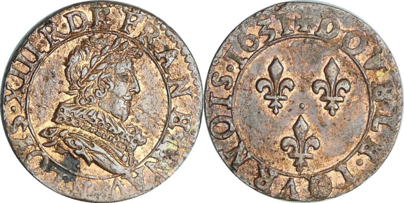 France - Louis XIII (1610-1643) - Double tournois au buste juvénile et col frais...