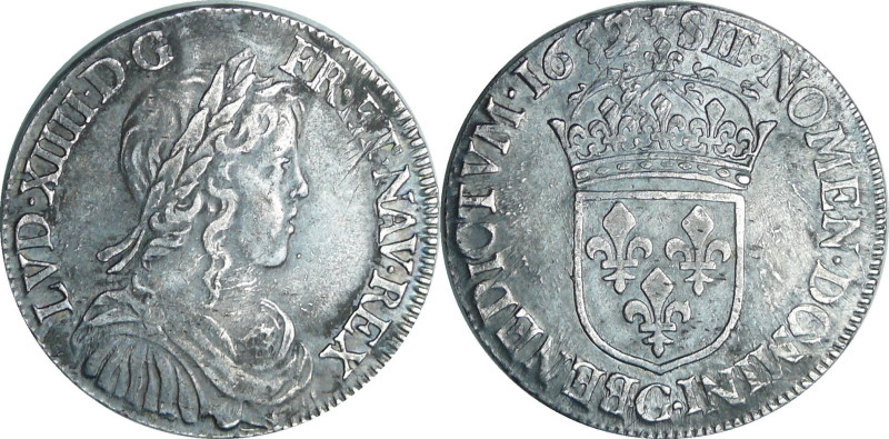 France - Louis XIV (1643-1715) - ½ écu à la mèche longue - 1652 G (Potiers)

T...