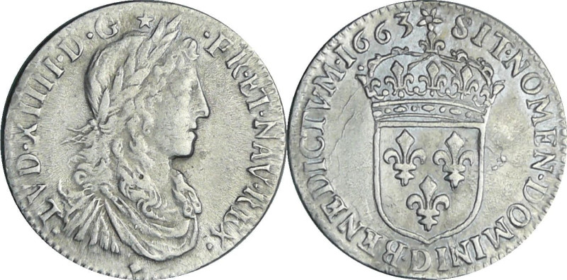 France - Louis XIV (1643-1715) - 1/12 d'écu au buste juvénile - 1663 D (Lyon)
...