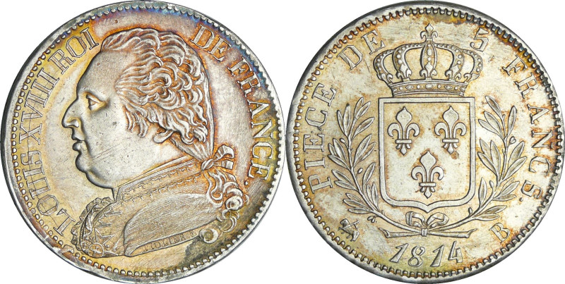 France - Louis XVIII (1815-1824) - 5 francs au buste habillé 1814 B (Rouen)

S...