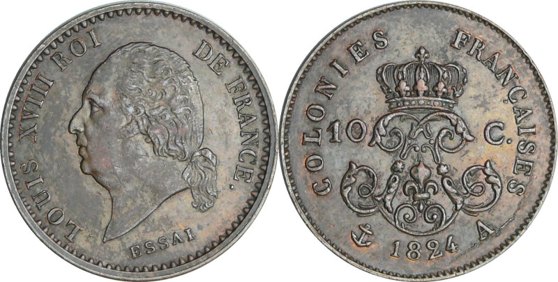 Colonie Française, émissions générales - Louis XVIII - Essai de 10 centimes 1824...