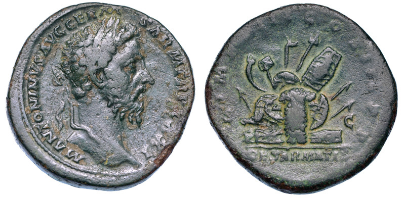 MARCO AURELIO, 161-180., Sesterzio, anni 176-177.
Testa laureata a d. R/ Pila d...